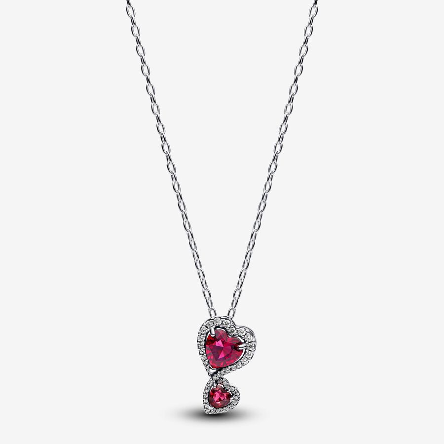 Red Double Heart - Silver - Pandora Necklace